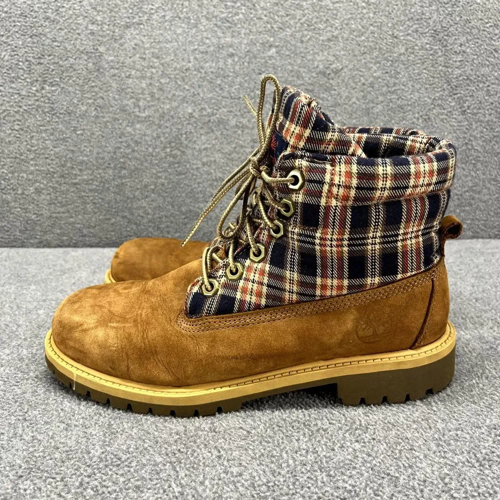 Timberland Boots Boys 6 Brown Plaid Leather Shoes Hiking‎ Outdoors Youth 43942M